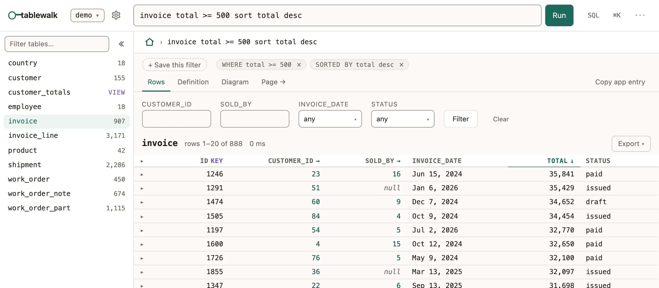 The query bar holding invoice total >= 500 sort total desc, the line said as chips above the rows, and the invoices sorted by total.