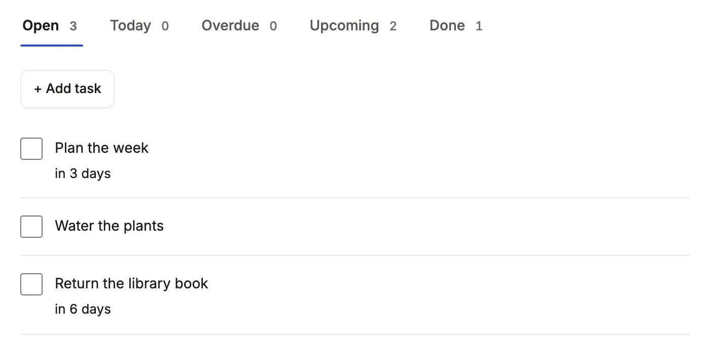 Tick: a checklist of open tasks with counted tabs.