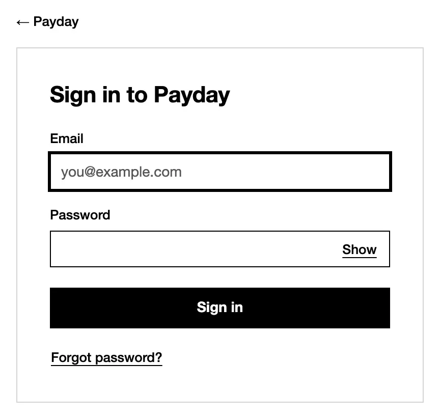 The sign-in screen: the App’s name, email and password fields, and a Sign in button.