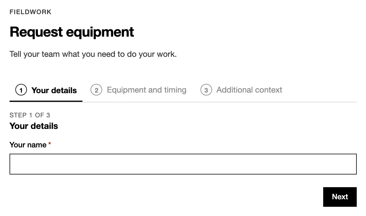 A guided request form: a step indicator, labeled fields with hints, and Continue.