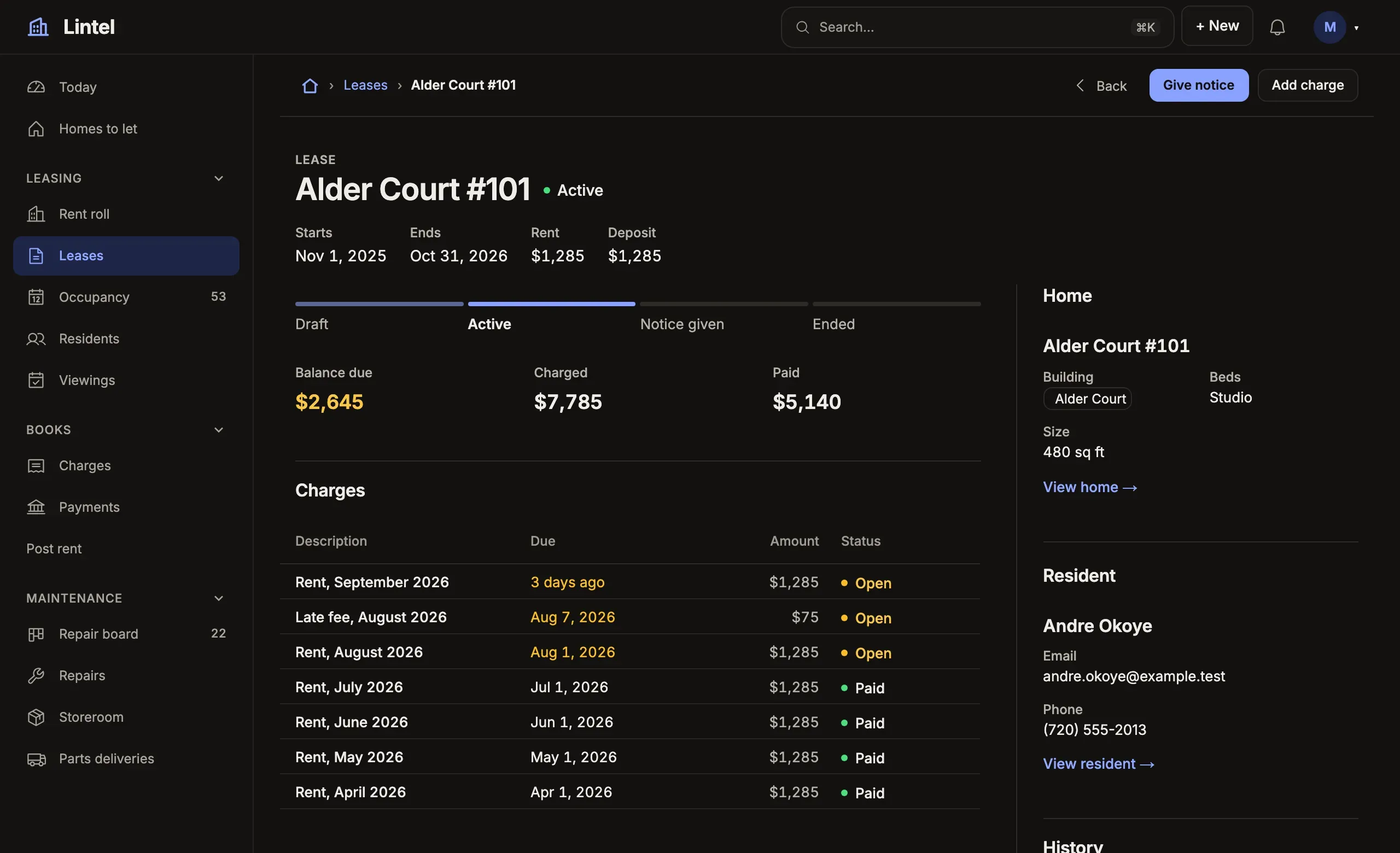 A Lintel lease, Alder Court #101, Active: its start, end, rent and deposit under the name, Give notice and Add charge, the road from Draft to Ended, the balance due beside what was charged and paid, its charges, and beside them the home and the resident.