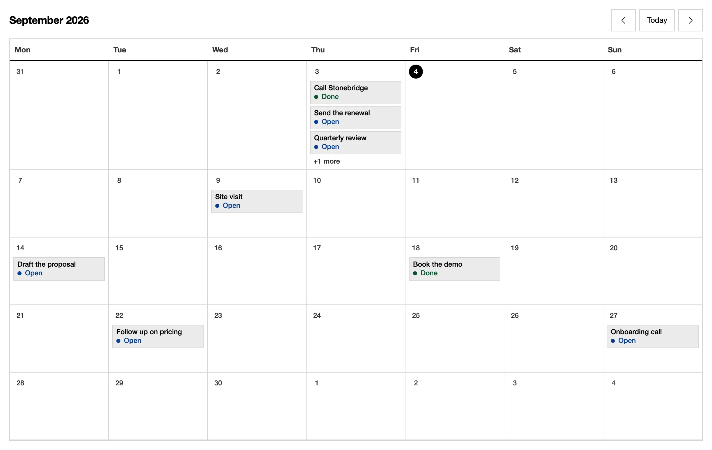 A month calendar with a task on each of several days.