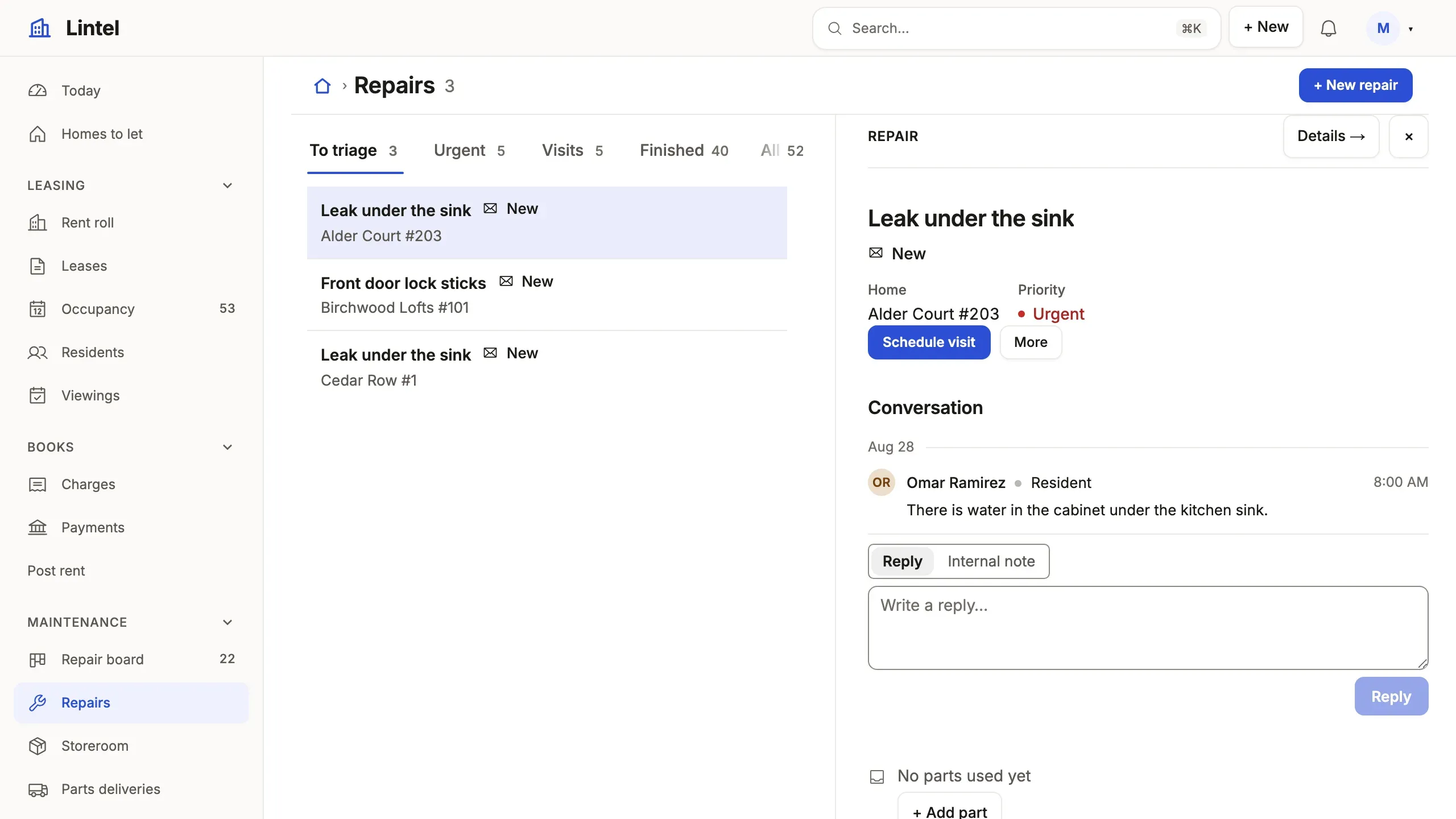 Lintel’s Repairs as a split: counted tabs from To triage to All, the rows beside the picked repair, its conversation and a Reply / Internal note composer.