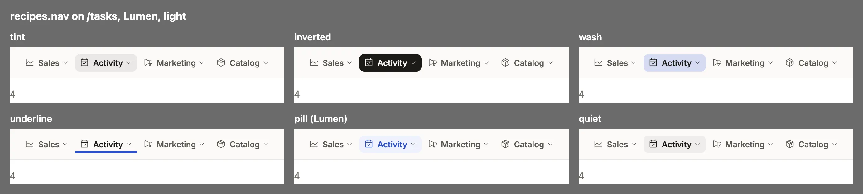 Each value of recipes.nav on Compass, one thumbnail apiece under its name.