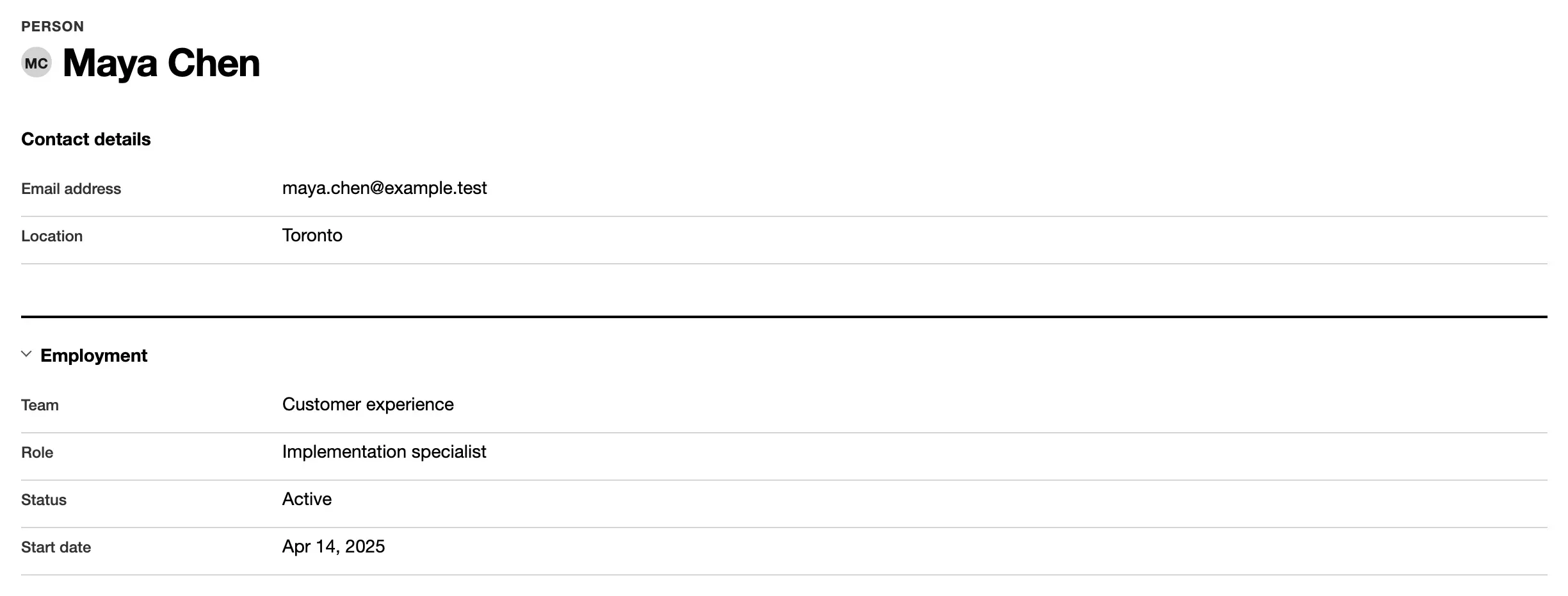 A record page: the record’s name, its fields grouped under headings, and a context column.