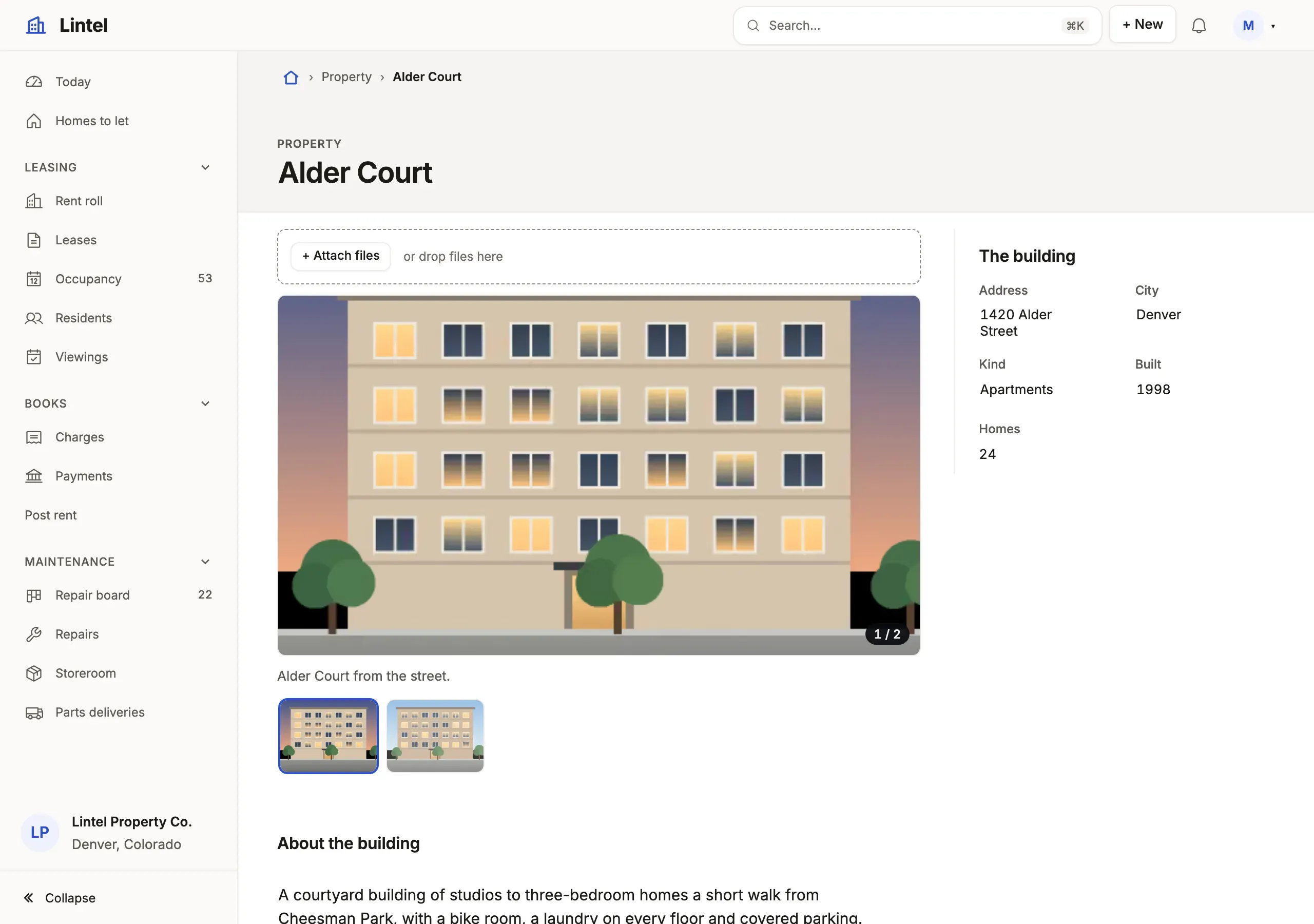 Lintel’s Alder Court: a building the App writes, its photos taking Attach files beside the building’s own fields.