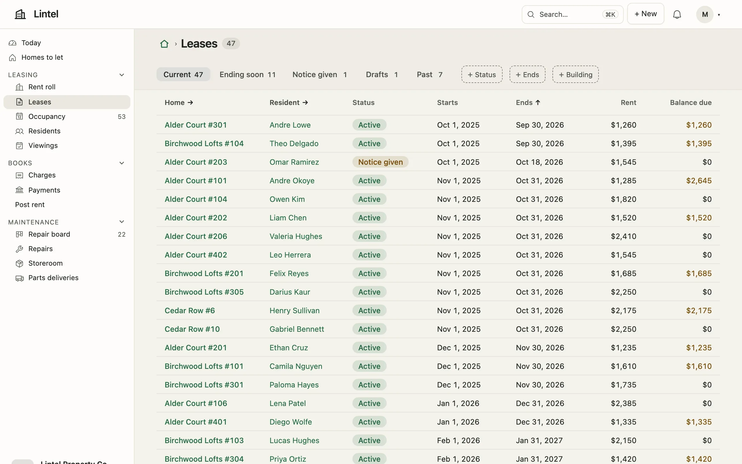 Lintel’s leases in Sage: a warm ground with the menu on it, the list open on it under hairlines, the chosen tab in a soft tint, names in green and statuses as tinted pills.