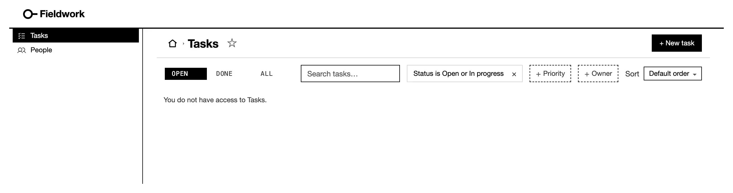 A refused task list: the one line the server refused it with, You do not have access to Tasks.
