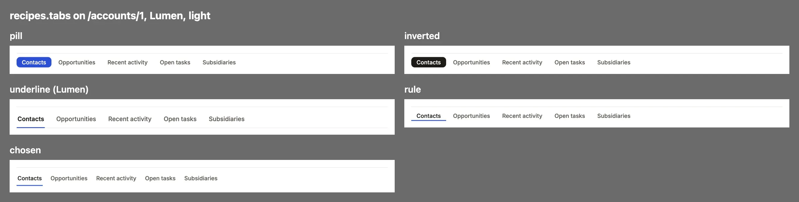 Each value of recipes.tabs on Compass, one thumbnail apiece under its name.